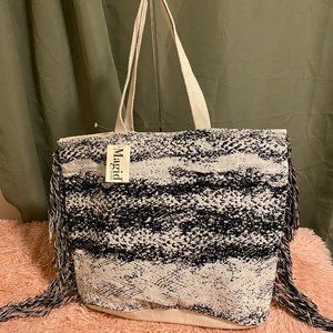 Magid Fringed Beach Tote- Black/White